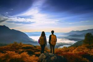 ai generiert Rucksack Abenteuer asiatisch Paare Stand, Blick beim schön Berg Landschaft foto