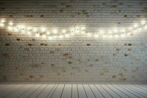 ai generiert festlich glühen minimalistisch Weiß Backstein Mauer mit schimmernd Beleuchtung foto