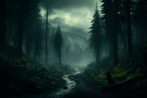ai generiert zauberhaft Nebel Nebel Magie im ein dunkel Wald, mysteriös Ambiente foto