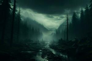 ai generiert Naturen Geheimnisse neblig, nebelig Nacht im ein dunkel Wald Rahmen foto