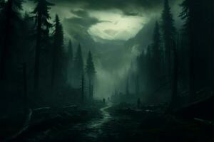 ai generiert unheimlich Ambiente Nebel Decken das Nacht im ein dunkel Wald foto