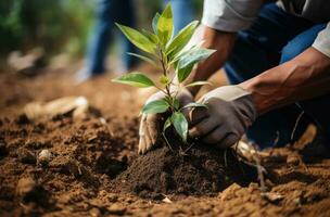 ai generiert Baum Pflanzer im Handschuhe Pflanzen foto