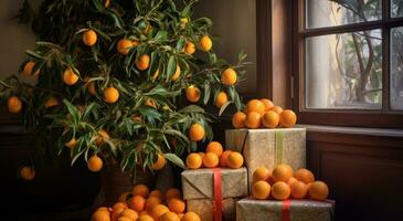 ai generiert frisch Orangen und Geschenke auf ein Weihnachten Baum foto