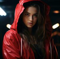 ai generiert Mädchen mit rot Jacke posieren beim dunkel Zimmer foto