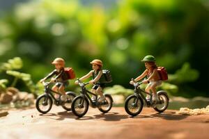 ai generiert Radfahren Erkundung Miniatur Radfahrer auf ein Reise, Grün Bokeh Hintergrund foto