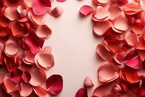 ai generiert Rose Konfetti Umarmung Valentinstag Rahmen gefertigt mit Liebe auf Weiß foto