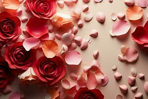ai generiert romantisch Blütenblätter Valentinstag Rahmen geschmückt mit Rosen und Konfetti Delikatessen foto