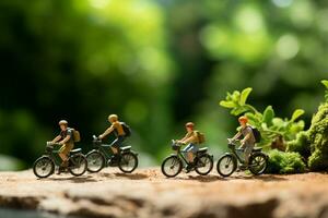 ai generiert Radfahren Abenteuer Miniatur Menschen Reiten Fahrräder draußen, Grün Bokeh Hintergrund foto