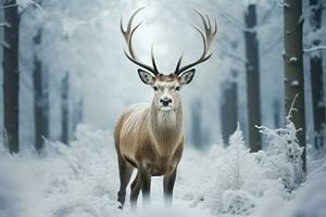 ai generiert Winter Wald Schönheit Hirsch Stehen im ein Feld von Schnee foto