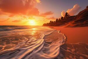 ai generiert exotisch Paradies Fantastisch Nahansicht von Meer Wellen beim Orange Sonnenuntergang foto