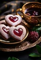 ai generiert herzförmig Lebkuchen Kekse mit Marmelade auf ein Teller foto