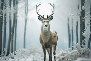 ai generiert Winter Gelassenheit Hirsch steht im Vorderseite von Schnee bedeckt Feld foto