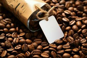 ai generiert teuer brauen Kaffee Bohnen mit ein Etikett Anzeige das Kosten foto