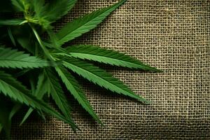 ai generiert Hanf Ästhetik Cannabis Blätter auf ein texturiert Hanf Textil- Hintergrund foto