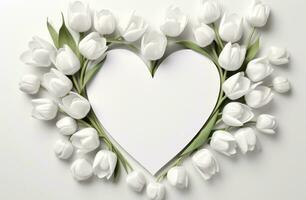 ai generiert Weiß Blatt Herz umgeben durch Blume Blumensträuße und Tulpen Valentinstag Tag foto