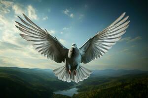 ai generiert Flügel von Freiheit Taube im Flug, symbolisieren Frieden und Reinheit foto