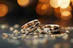 ai generiert Diamant Eleganz Hochzeit Ringe auf Bokeh Hintergrund mit Kopieren Raum foto