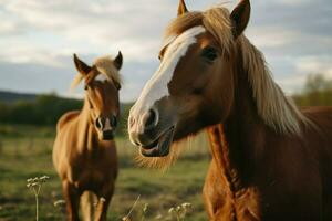 ai generiert pastoral Schönheit Pferde im Natur Felder, beitragen zu ein unverändert Landschaft foto