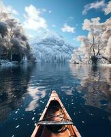 ai generiert Kajak auf See ness See, schneebedeckt und eisig, Winter Landschaft foto