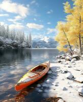 ai generiert Kajak auf See ness See, schneebedeckt und eisig, Winter Landschaft foto