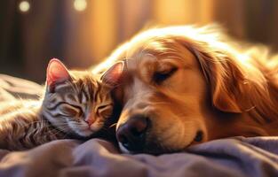 ai generiert ein golden Retriever Tier mit ein Schlafen Katze im Bett foto