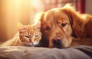 ai generiert ein golden Retriever Tier mit ein Schlafen Katze im Bett foto