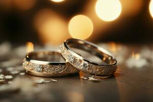 ai generiert glänzend Gelübde Silber und Gold Hochzeit Ringe auf Bokeh Hintergrund foto