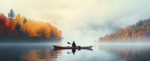 ai generiert ein Mann Kajak fahren im ein Herbst farbig See foto