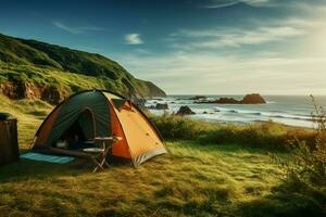 ai generiert Natur Rückzug Camping Ausrüstung auf üppig Gras mit Ozean Hintergrund foto