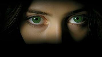 ai generiert ein Frau mit fesselnd Grün Augen suchen direkt beim das Kamera, ausströmend ein Luft von Geheimnis und Intrigen. generativ ai foto