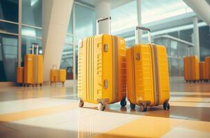 ai generiert ein Gepäck Wagen und zwei Koffer sitzen Innerhalb ein Flughafen foto
