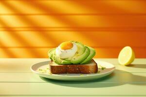 ai generiert Avocado auf Toast und Eier auf Orange Scheiben auf ein Weiß Teller foto