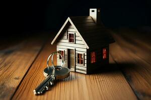 ai generiert Eigentum Zugriff Haus Schlüssel mit Schlüsselbund auf texturiert hölzern Hintergrund foto