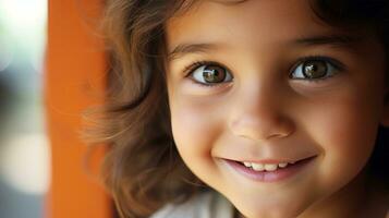 ai generiert ein jung Mädchen mit groß, ausdrucksvoll Augen tragen ein froh Lächeln auf ihr Gesicht. generativ ai foto