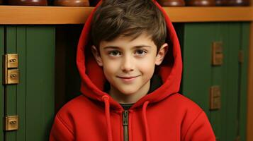 ai generiert ein lächelnd Junge tragen ein rot Kapuzenpullover. generativ ai foto