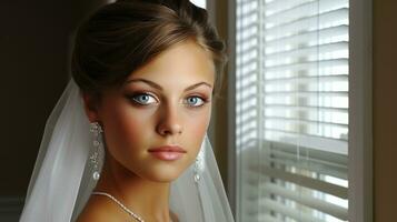 ai generiert ein atemberaubend Braut mit fesselnd Blau Augen und ein zart Schleier, ausstrahlen Schönheit und Eleganz. generativ ai foto