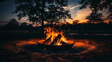 ai generiert das Lagerfeuer leuchtet das Dämmerung, Erstellen ein warm und einladend Atmosphäre beim Lager. generativ ai foto