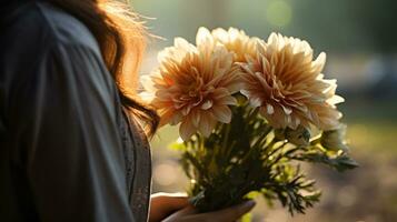 ai generiert ein Frau halten ein bunt Strauß von Blumen. generativ ai foto