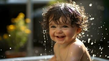 ai generiert ein froh Baby spielen im Wasser, tragen ein groß Lächeln auf ihr Gesicht. generativ ai foto