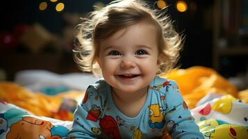 ai generiert Baby Lügen Gesicht Nieder im Bett und lächelnd glücklich. generativ ai foto