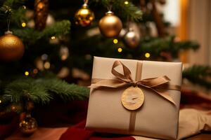 ai generiert Weihnachten Geschenk Box mit Gold Band auf das Hintergrund von das Weihnachten Baum foto