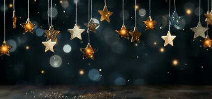 ai generiert Weihnachten und Neu Jahr Ferien Hintergrund mit Silber und Gold Sterne auf Bokeh Hintergrund. foto