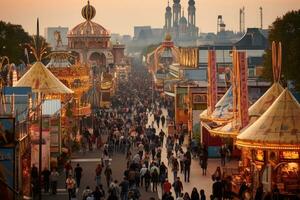 ai generiert unbekannt Menschen auf das Messegelände Fahrten im München, Deutschland, Bier Zelte und Messegelände Fahrten auf das Oktoberfest im München, ai generiert foto