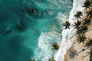ai generiert Antenne Aussicht von schön tropisch Strand und Meer mit Kokosnuss Palme Baum - - Jahrgang Filter, Strand mit Palme Bäume auf das Ufer im das Stil von Vögel Auge Sicht, ai generiert foto