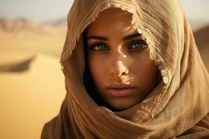 ai generiert schön jung Frau im das Mitte von das Sahara Wüste, Marokko, schön Arabisch Frau tragen Schleier im sandig Wüste, ai generiert foto