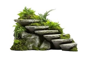 ai generiert Stein Treppe mit Pflanzen und Gras isoliert auf Weiß Hintergrund. foto
