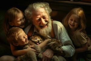 ai generiert Porträt von glücklich Senior Familie mit Katze und Teddy Bären, ein Alten Mann und seine Enkelkinder sind glücklich zusammen, ai generiert foto
