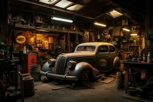 ai generiert alt Auto im ein Garage. retro Auto im ein alt Garage, Automobil Reparatur Geschäft, ai generiert foto