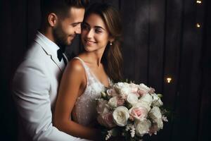 ai generiert Porträt von schön Braut und Bräutigam mit Strauß von Blumen, Braut und Bräutigam Hochzeit Paar mit ein Strauß von Licht Rose und Weiß Farbe Blumen, ai generiert foto