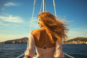 ai generiert Porträt von ein schön jung Frau Segeln auf ein Yacht beim Sonnenuntergang, schön jung Frau von das zurück, Stehen auf ein Yacht im das Mittelmeer Meer, ai generiert foto